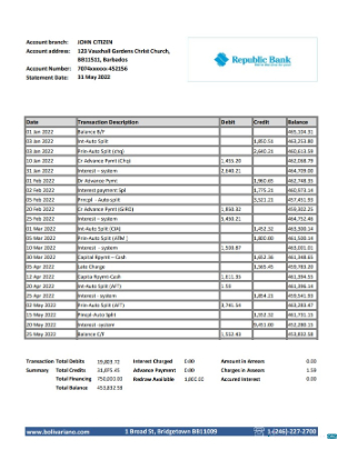 Download Barbados republic bank statement excel Photoshop template